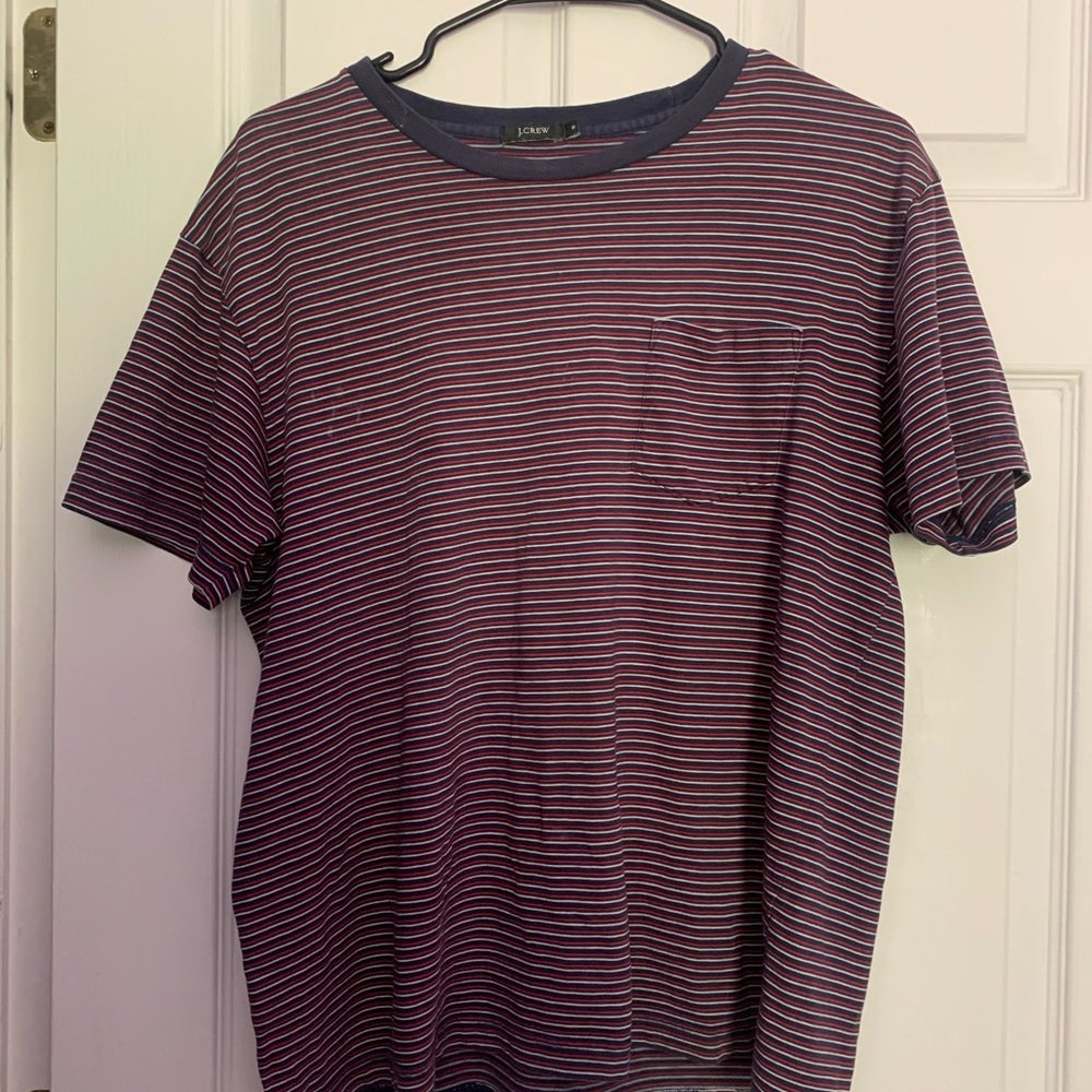 J. Crew Men's Burgundy and Navy Striped Pocket Tee